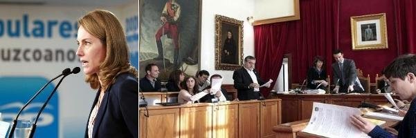 La presidenta del los populares vascos, Arantza Quiroga (izquierda), y el pleno del ayuntamiento de Portugalete que rechazó una moción.