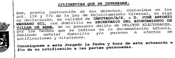 Fragmento de la diligencia judicial que llama a declarar como imputado a José Antonio Manzano Gil.