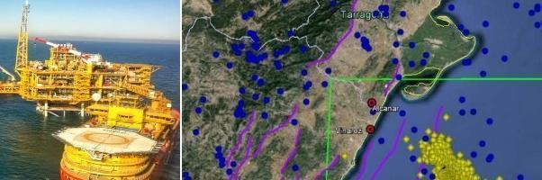 Plataforma de gas Castor, y mapa de seismos en la zona entre Castellón y Tarragona relacionados con la actividad de esta plataforma.