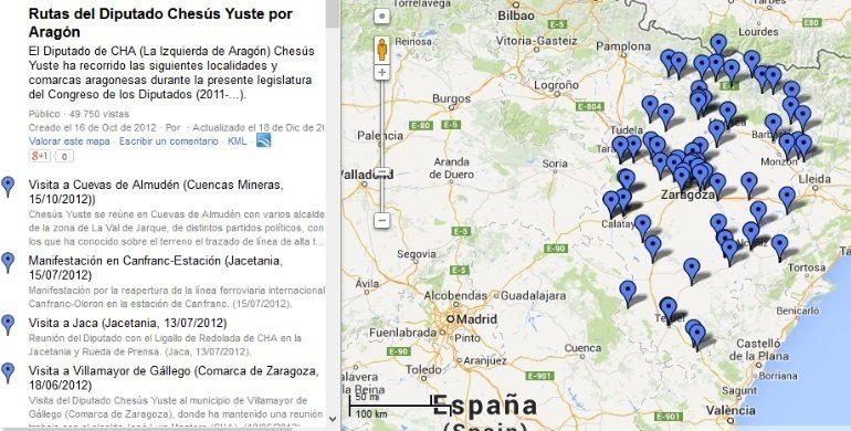 Mapa de Google Maps con las rutas de Chesús Yuste por Aragón.