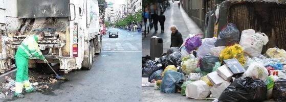Un operario limpia una calle en Alicante (izquierda); residuos amontonados en Madrid durante la huelga de limpieza en noviembre.