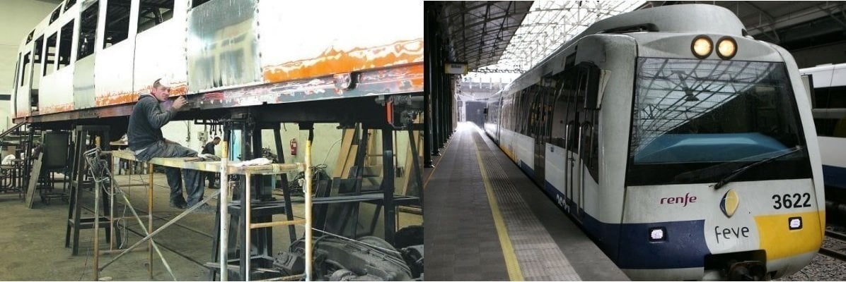 Un operario trabaja con un vagón en los talleres de El Berrón (izquierda); y un tren de Feve (derecha).
