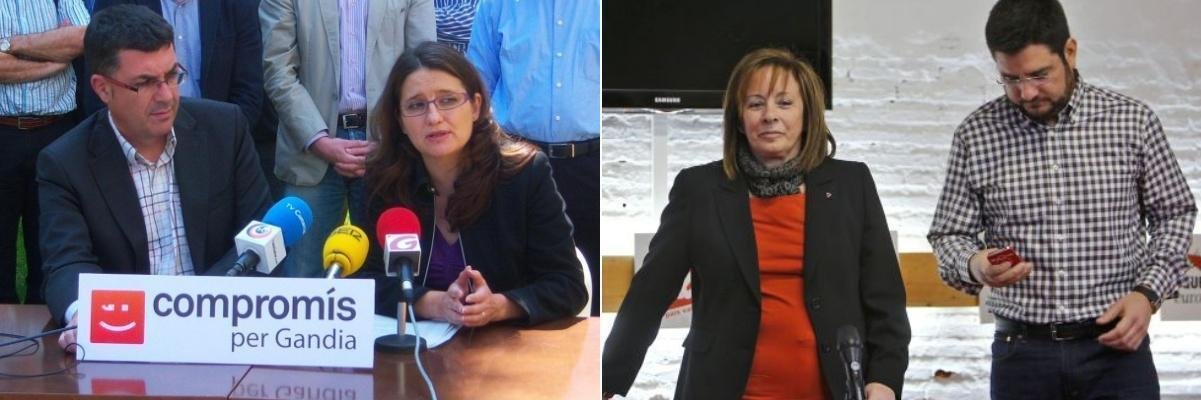 Enric Morera y Mónica Oltra, de Compromís (izquierda); y Marga Sanz y Ignacio Blanco, de Esquerra Unida (derecha).