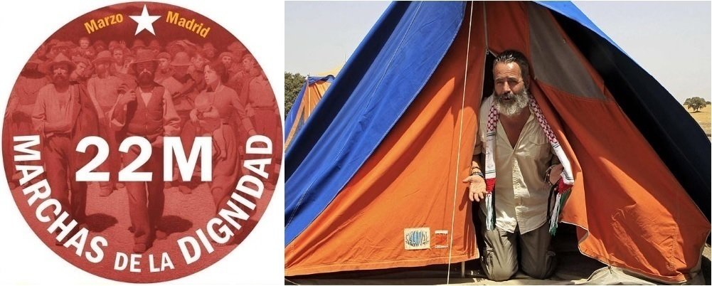 Logo de la Marcha por la Dignidad del 22 de marzo; y Sánchez-Gordillo, acampado en la finca Las Turquillas.