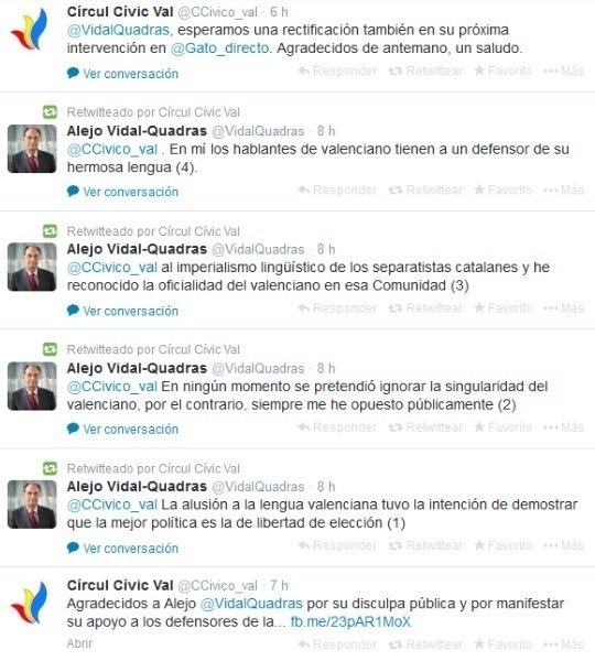 Intercambio de mensajes en Twitter entre Alejo Vidal-Quadras y Círculo Cívico Valenciano.