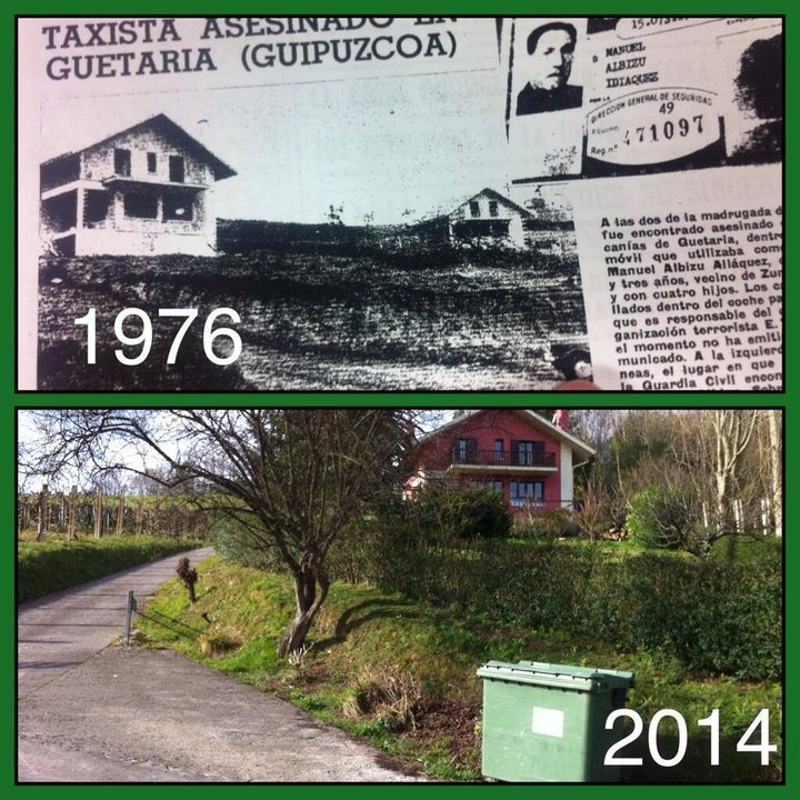Fotografía del lugar de Guetaria donde ETA asesinó a Manuel Albizu, en 1976; y ahora, donde se ha colocado un contenedor de basura.