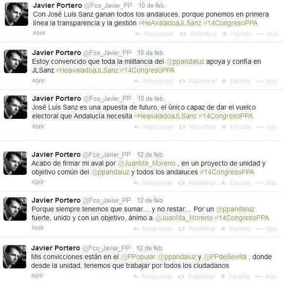 Selección de tuits de Javier Portero, presidente de Nuevas Generaciones de la provincia de Sevilla.