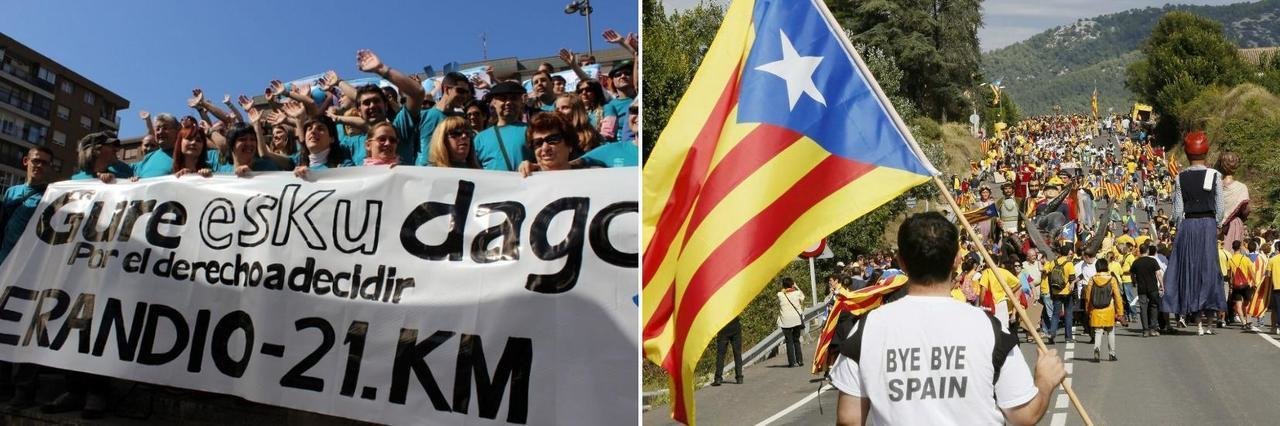 Acto de promoción de la cadena vasca (izquierda), e imagen de un tramo de la "vía catalana".