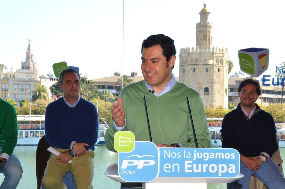 Juan Manuel Moreno, en un acto de precampaña de las elecciones europeas en Sevilla.