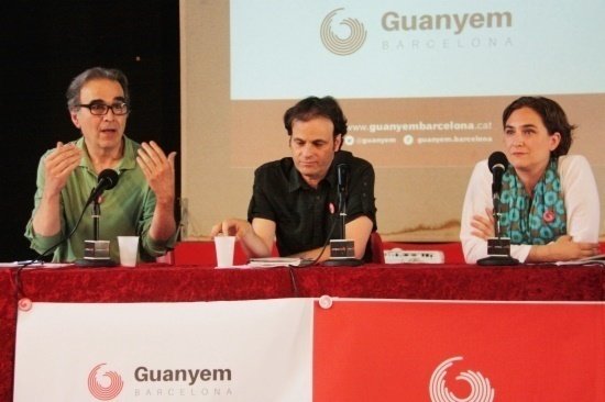Los portavoces de Guanyem Barcelona, de izquierda a derecha: Joan Subirats, Jaume Asens y Ada Colau.