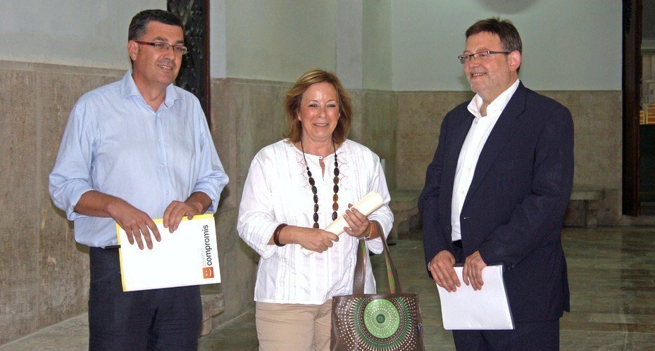 Enric Morera (Compromís), Marga Sanz (Esquerra Unida) y Ximo Puig (PSPV).
