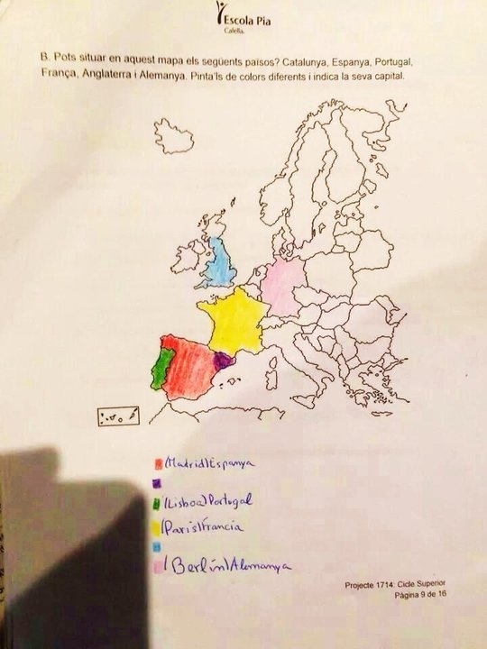 Ejercicio sobre el mapa de Europea del colegio Escola Pia de Calella (Barcelona).