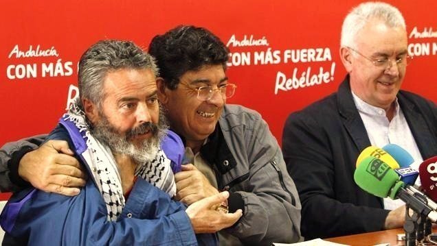 Juan Manuel Sánchez Gordillo, Diego Valderas y Cayo Lara, en un acto de Izquierda Unida.