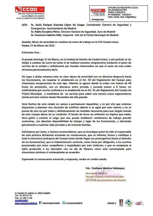 Carta de Comisiones Obreras de la Policía Municipal de Madrid.