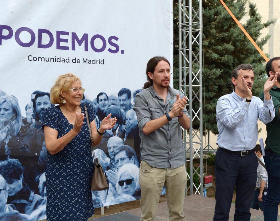 Manuela Carmena, Pablo Iglesias y José Manuel López, en un mitin de Podemos y Ahora Madrid.