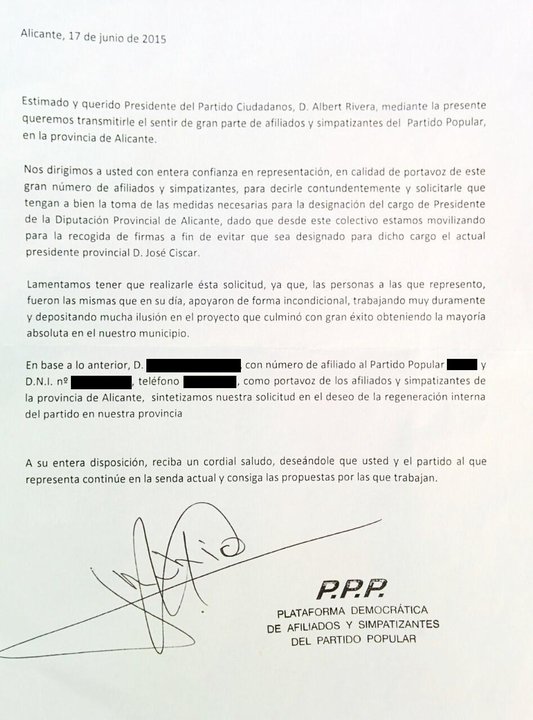 Carta enviada por los militantes del PP de Alicante al líder de Ciudadanos, Albert Rivera