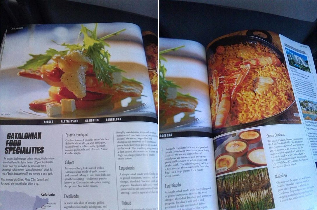 Revista de la aerolínea Jet2 con la fideua como plato de la cocina catalana.