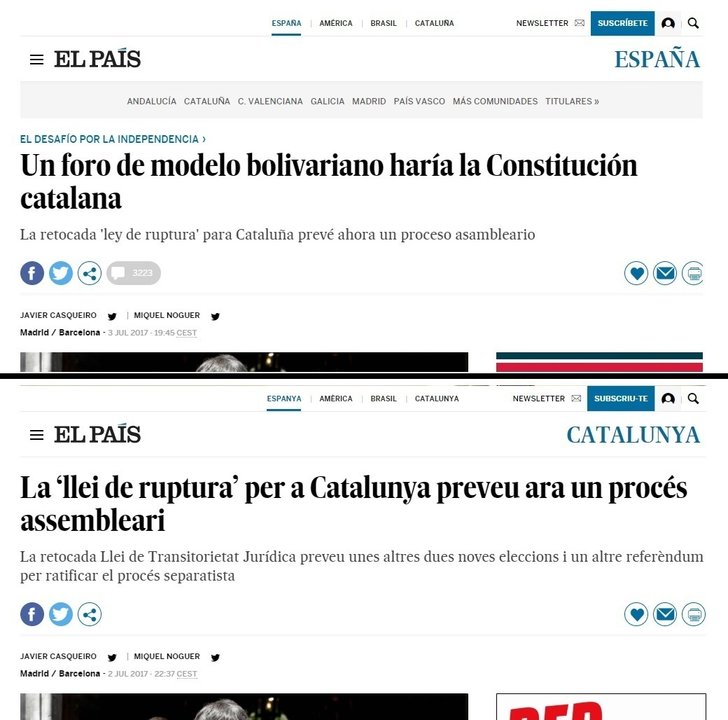 Los titulares de El País sobre la Ley de Transitoriedad Jurídica de Cataluña.