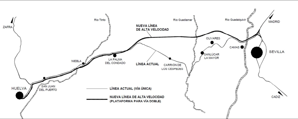Plano del recorrido del AVE Huelva-Sevilla