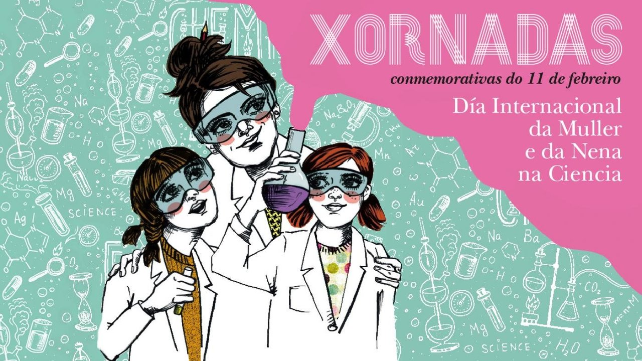 Cartel de las Jornadas por el Día Internacional de la Mujer y la Niña en la Ciencia en la Universidad de Vigo.