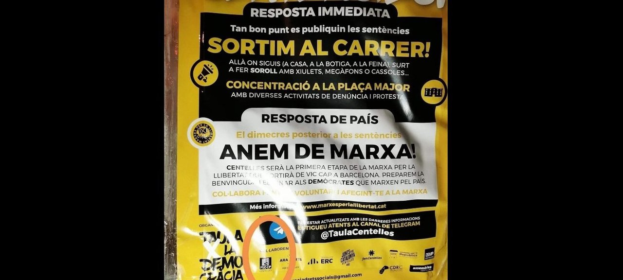 Cartel de la convocatoria de manifestación contra el 1-O en Castelles.