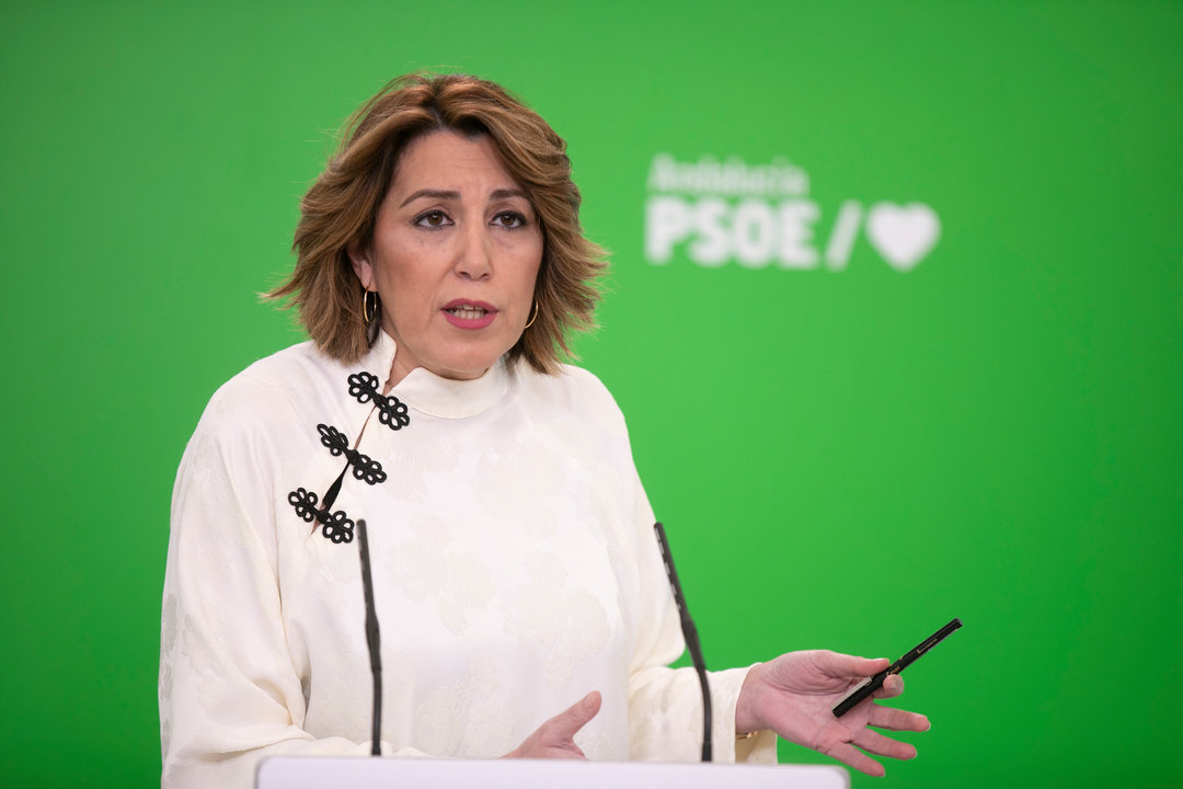 La secretaria general del PSOE-A, Susana Díaz, comparece en rueda de prensa. En Sevilla (Andalucía, España), a 15 de enero de 2021.