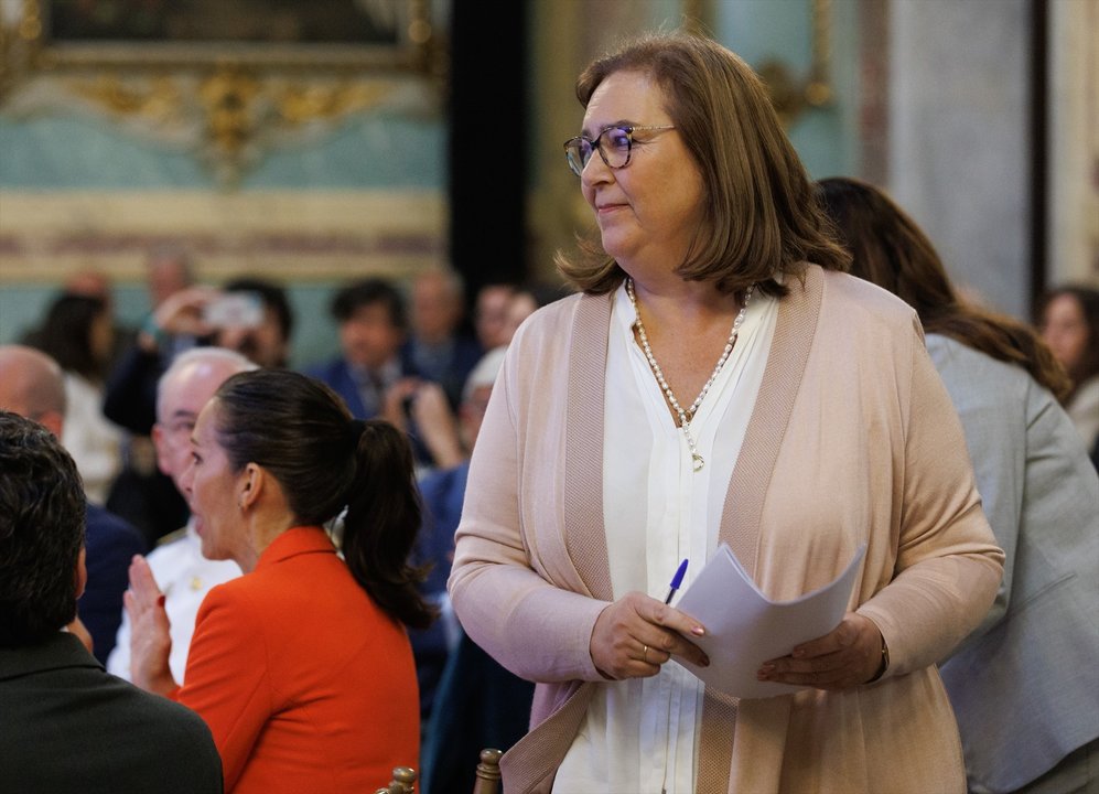 La presidenta de la Asociación de Víctimas del Terrorismo, Maite Araluce, durante un desayuno informativo de Fórum Europa, en el Casino Gran Círculo, a 23 de mayo de 2023, en Madrid (España).