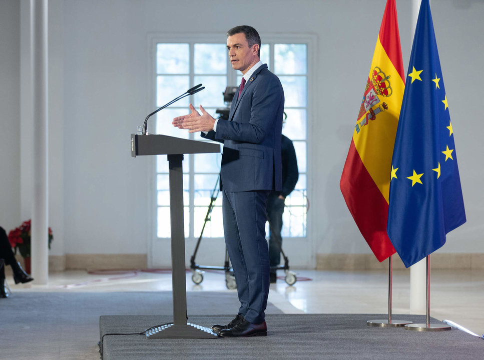 El presidente del Gobierno, Pedro Sánchez, comparece en La Moncloa. 