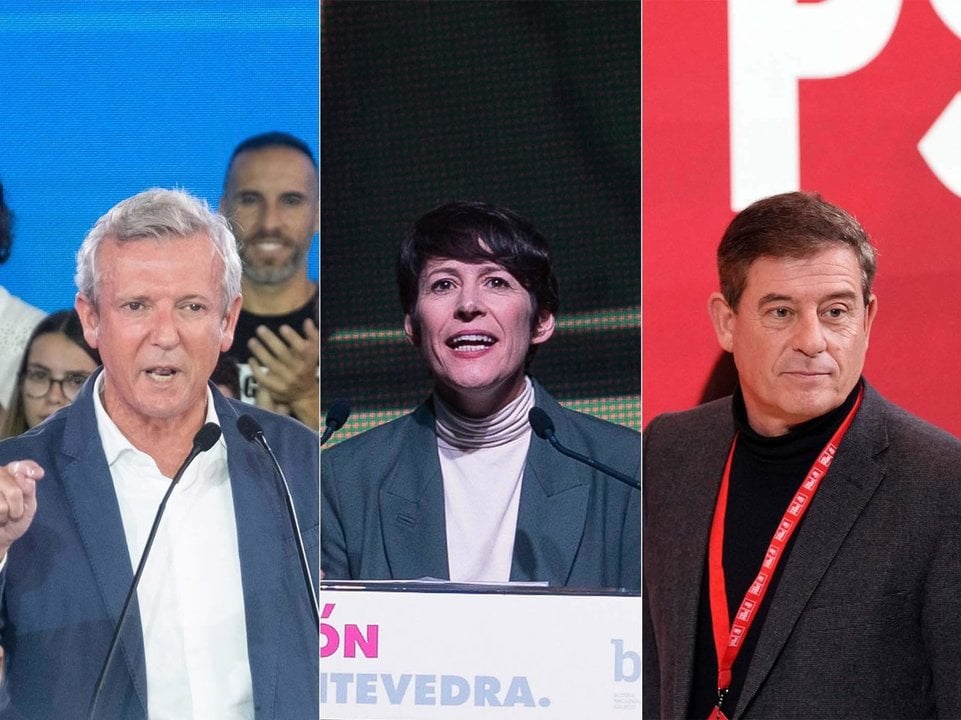 Los candidatos del PPdeG, Alfonso Rueda, del BNG, Ana Pontón, y del PSdeG, José Ramón Gómez Besteiro, a la Presidencia de la Xunta en las elecciones del 18 de febrero. 