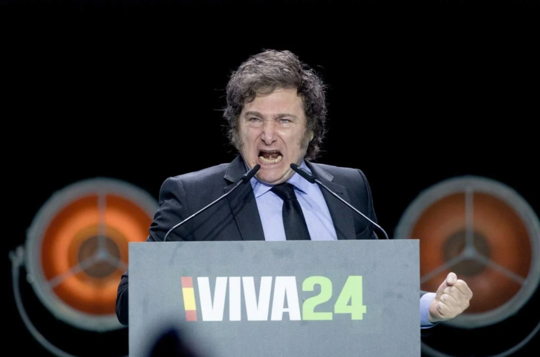 El presidente de Argentina, Javier Milei, durante el acto ‘Viva 24’ de VOX, en el Palacio de Vistalegre, a 19 de mayo de 2024, en Madrid.