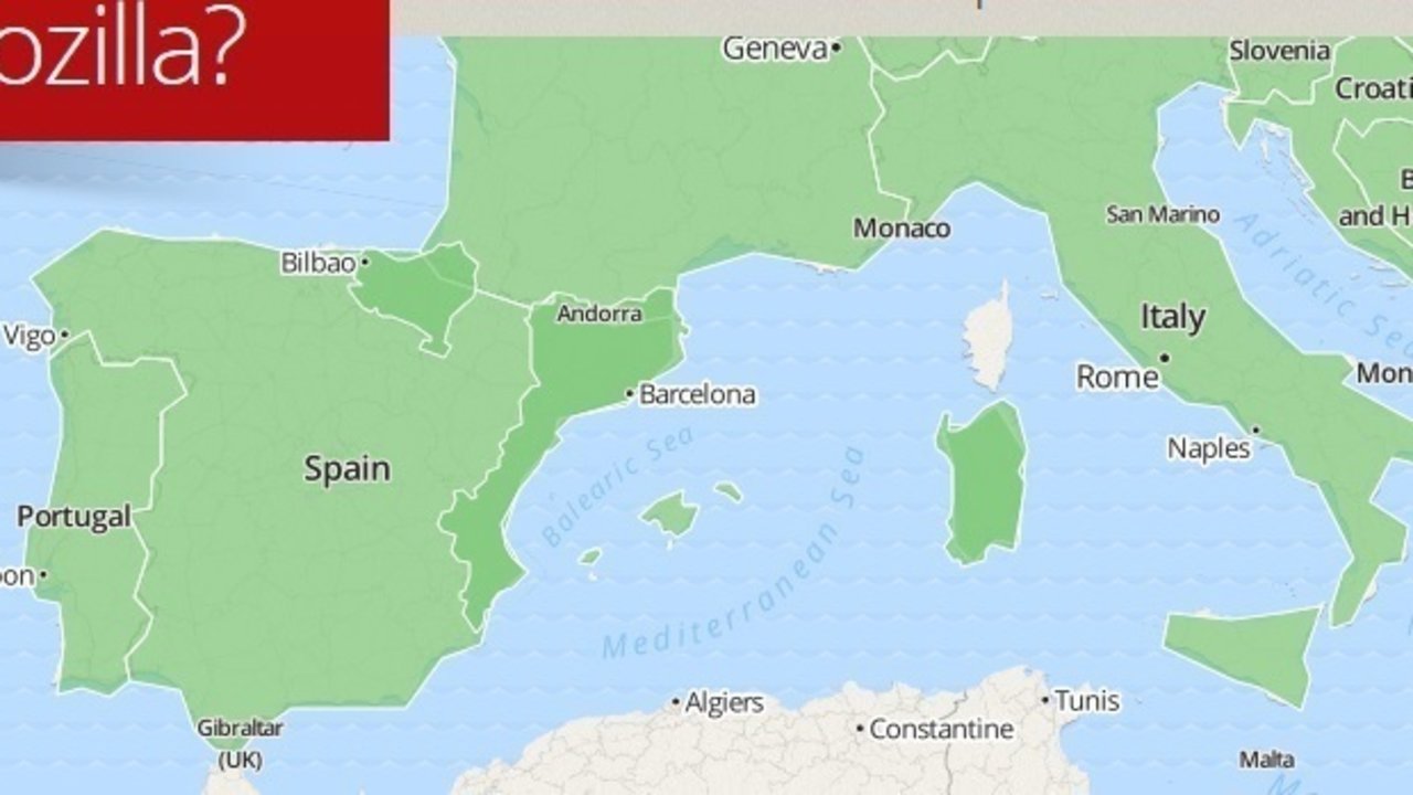 Fragmento del mapa de Europa que aparece en la página web de Mozilla, con los 'Països Catalans' y 'Euskal Herria' marcados en verde oscuro.