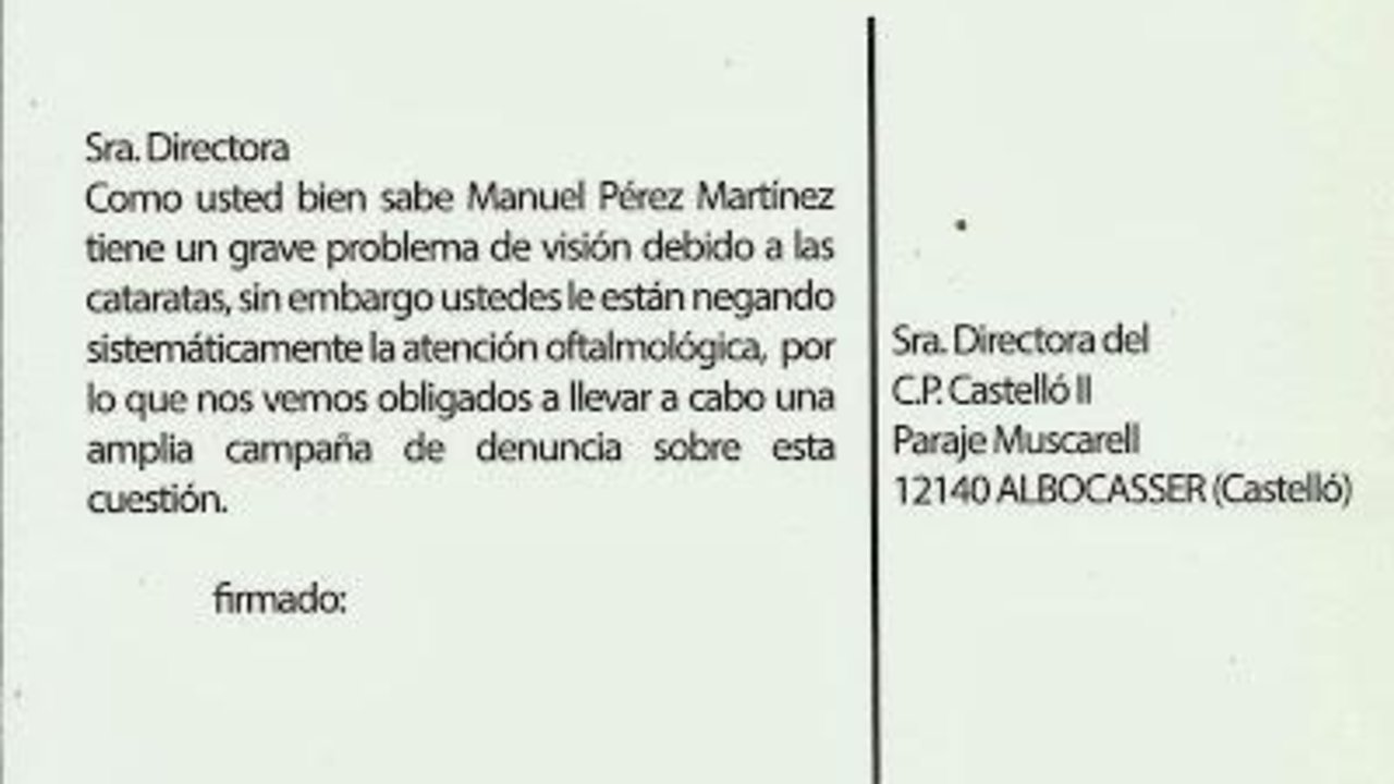 Modelo de carta que Azarug anima a enviar a la cárcel de Castellon para exigir atención sanitaria para el líder de los GRAPO.