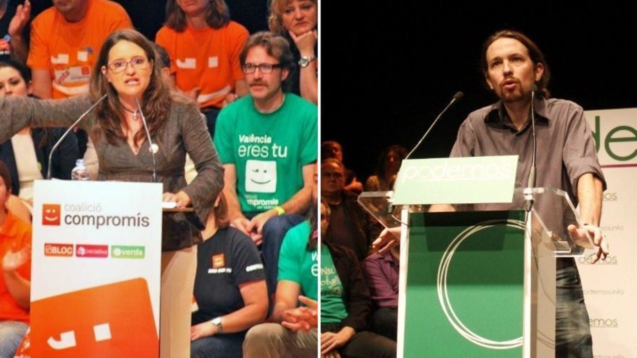 La portavoz de Compromís, Mónica Oltra, y el líder de Podemos, Pablo Iglesias.