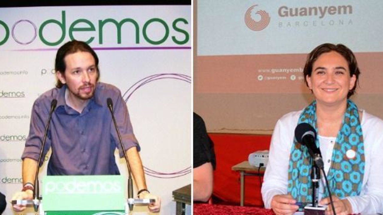 Pablo Iglesias, en un mitin de Podemos; y Ada Colau, en la presentación de Guanyem Barcelona.