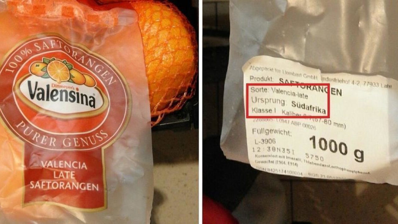 Bolsa de naranjas de Sudáfrica vendida en Alemania como clase “Valencia” (Foto: V. Gutiérrez / Som Valencians).