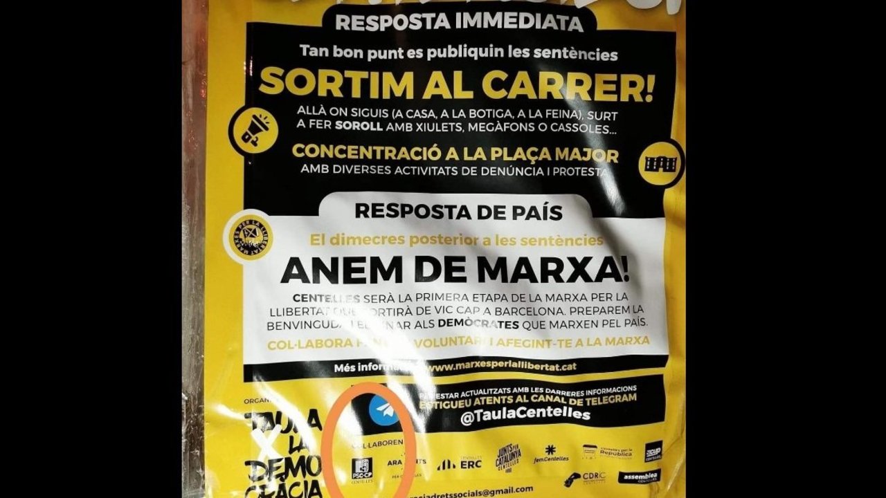 Cartel de la convocatoria de manifestación contra el 1-O en Castelles.