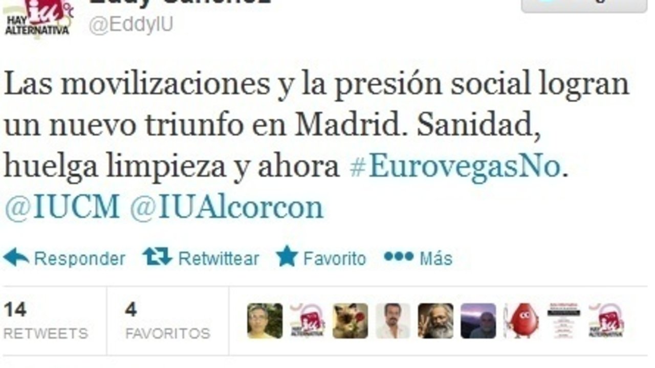 Tuit de Eddy Sánchez (IU) sobre Eurovegas.
