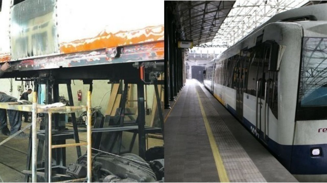 Un operario trabaja con un vagón en los talleres de El Berrón (izquierda); y un tren de Feve (derecha).