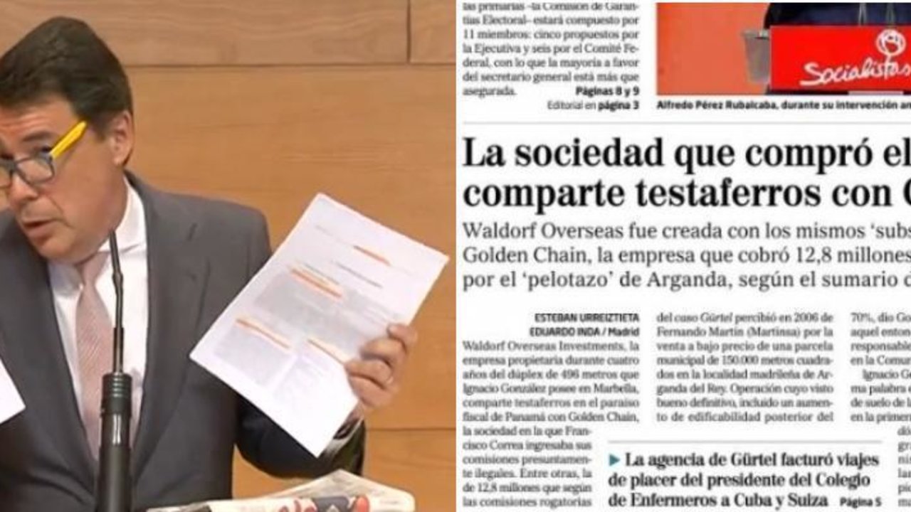 Ignacio González en rueda de prensa; la portada de El Mundo del lunes 13 de enero.