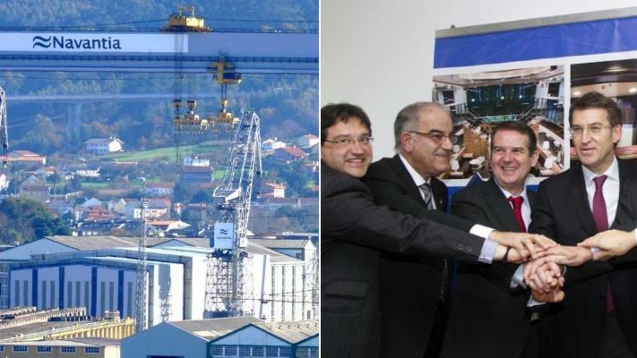 Astilleros de Navantia en Ferrol, y foto del acuerdo de Pemex con Navantia y la Xunta de Galicia.