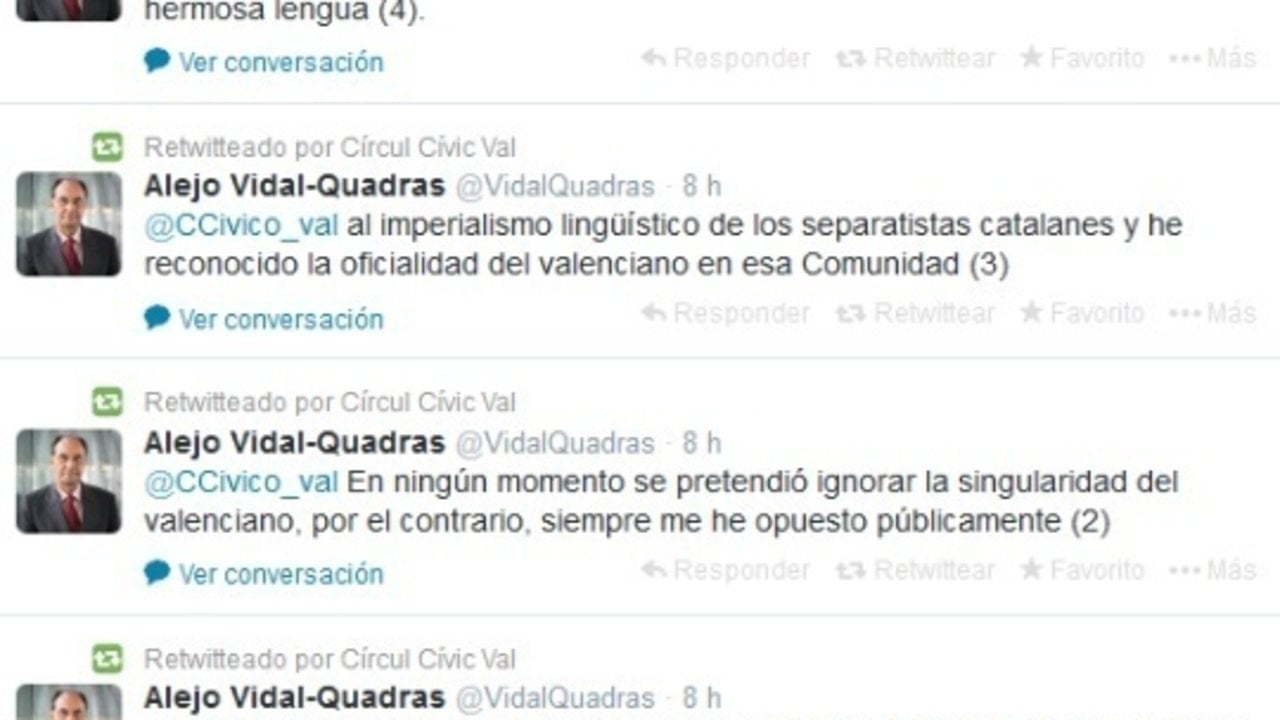 Intercambio de mensajes en Twitter entre Alejo Vidal-Quadras y Círculo Cívico Valenciano.