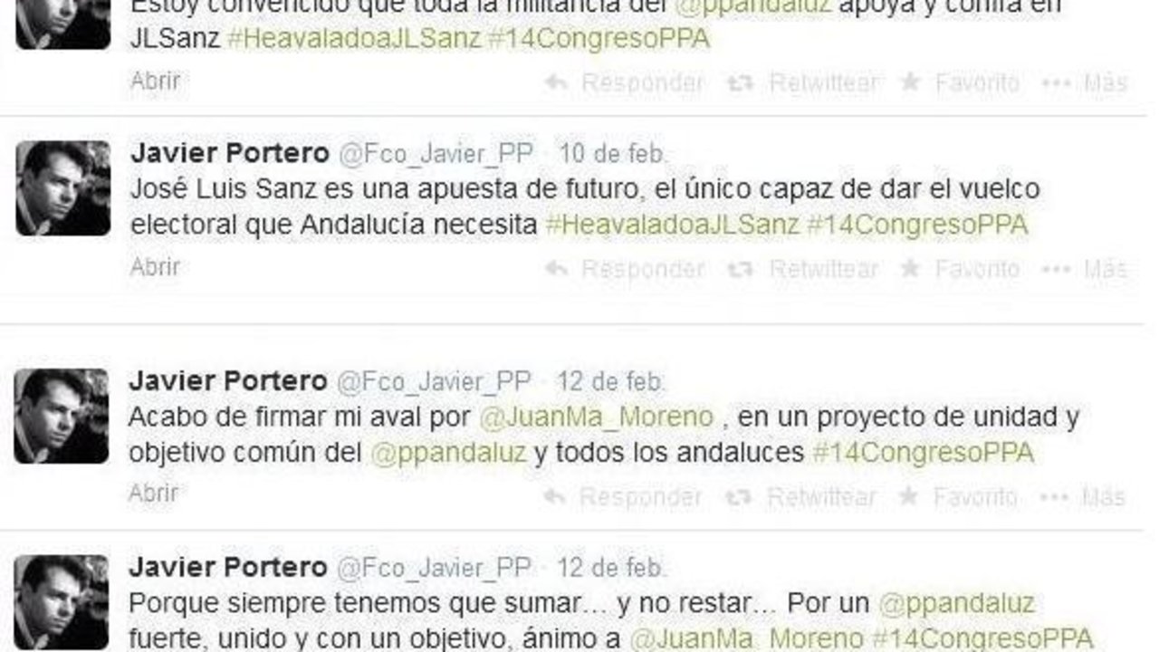 Selección de tuits de Javier Portero, presidente de Nuevas Generaciones de la provincia de Sevilla.