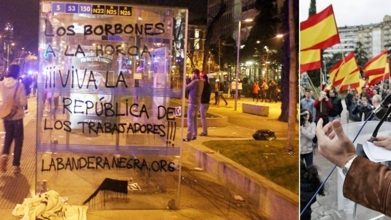 Pintada de La Bandera Negra el 22-M, y a la derecha Ricardo Sáenz de Ynestrillas Pérez, en una manifestación de ultraderecha.
