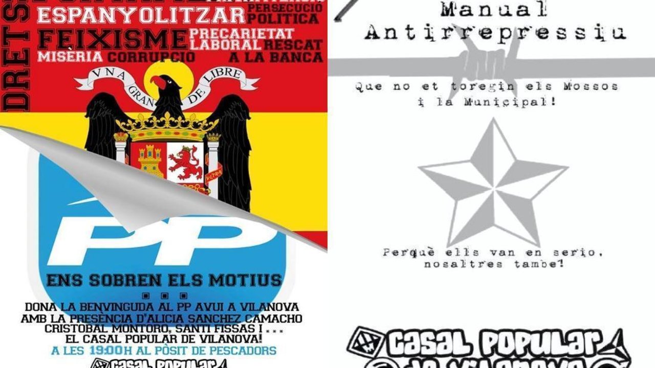 Cartel del Casa Popular de Vilanova de la concentración contra el mitin del PP; y portada de su "manuel antirrepresivo".