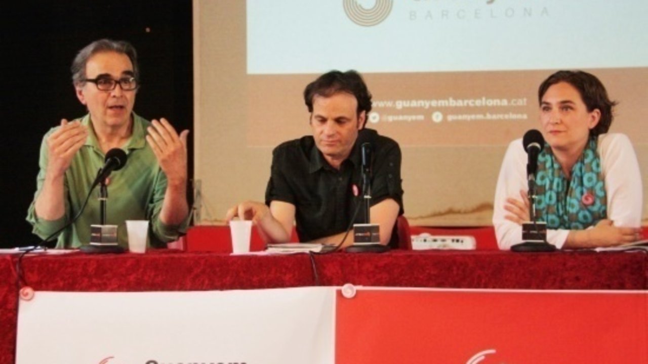 Los portavoces de Guanyem Barcelona, de izquierda a derecha: Joan Subirats, Jaume Asens y Ada Colau.