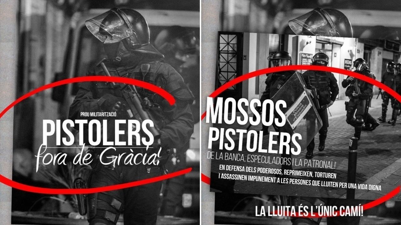 Carteles de Endavant contra los mossos antidisturbios.