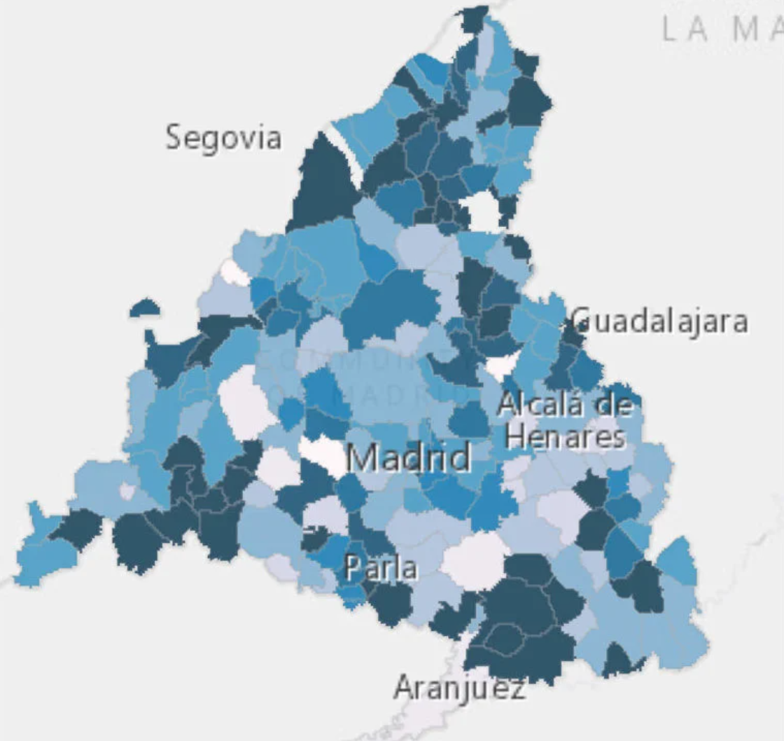 Indicador de evolución del covid en el agua residual. (Fuente: Canal de Isabel II)
Los municipios de color azul oscuro son las que registran una mayor concentración del virus.