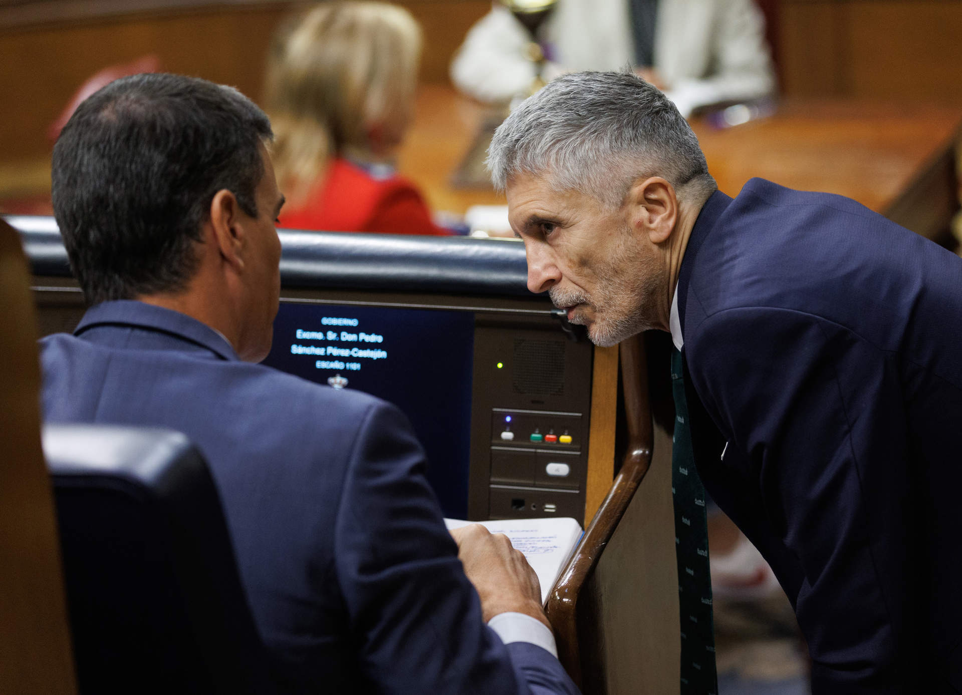 El presidente del Gobierno, Pedro Sánchez (i) y el ministro de Interior, Fernando Grande-Marlaska (d), durante una sesión plenaria en el Congreso de los Diputados.